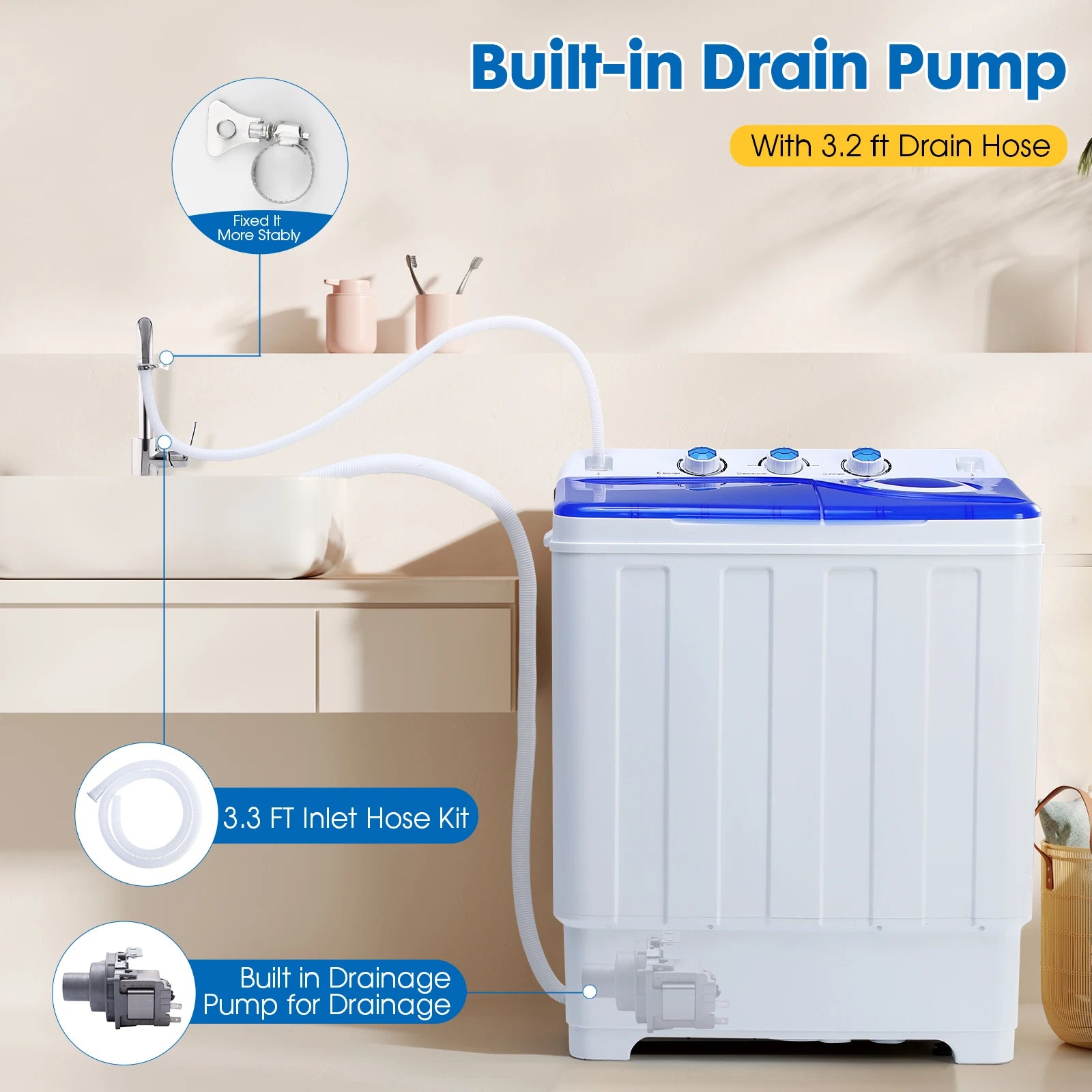Portable Washing Machine Twin Tub - Compact Washer and Dryer Combo with Drain Pump - Mini Laundry Machine for Apartments, Dorms