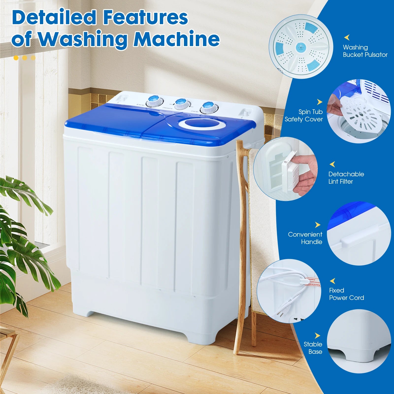 Portable Washing Machine Twin Tub - Compact Washer and Dryer Combo with Drain Pump - Mini Laundry Machine for Apartments, Dorms