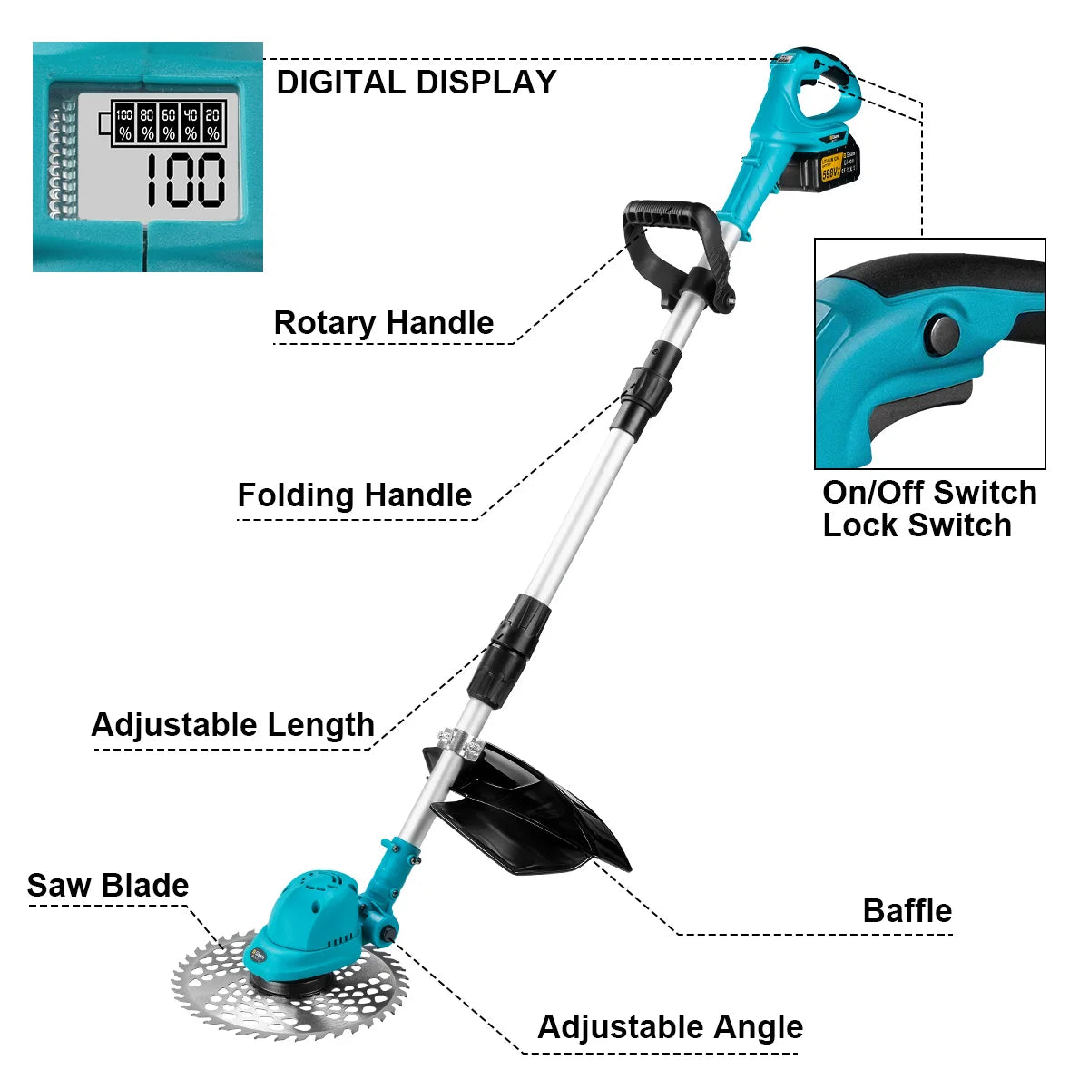 Gisam 10Inch Brushless Electric Lawn Mower Foldable Cutter Cordless Garden Grass Cutting Trimmer Tool For Makita 18V Battery Pin