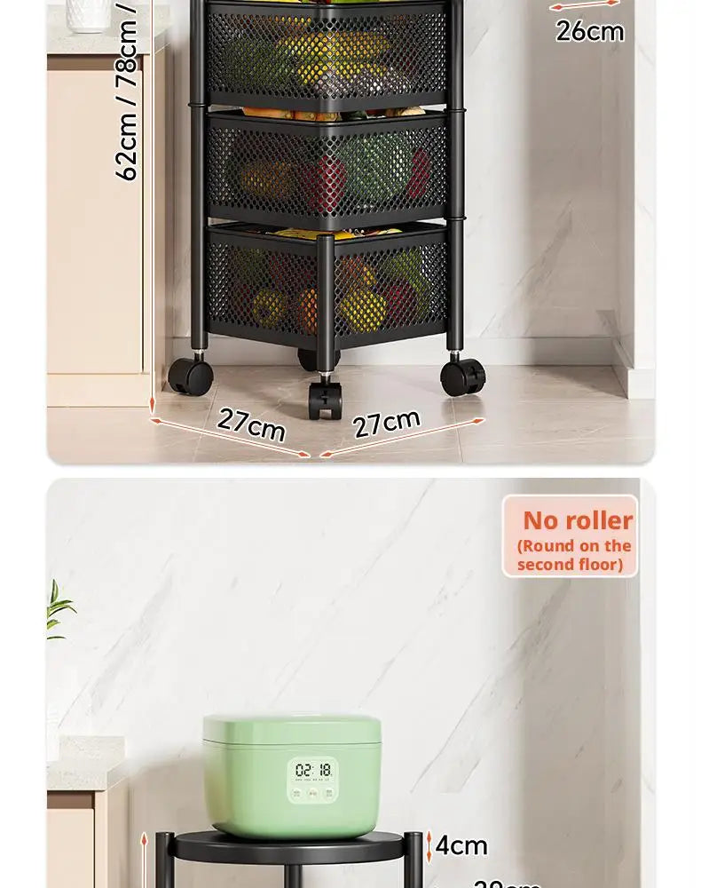 Square Rotating Storage Rack Kitchen Floor-To-Ceiling Multi-Layer Snacks Fruits And Vegetables Sundries Rolling Trolley Basket