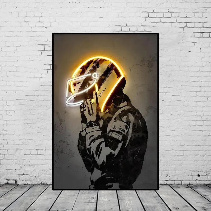 Retro Fashion Neon Light Effect Motorcycle Helmet Poster Print Canvas Painting Graffiti Art Wall Picture for Bar Room Home Decor