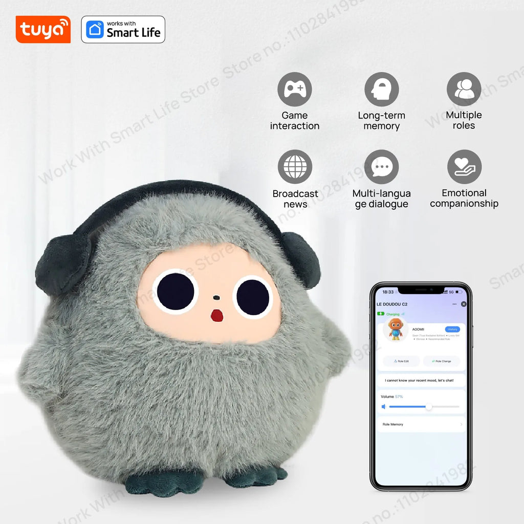 Cute Gray BOBO:AI Plush Robot Smart Interactive Toy w/LED Eyes&Voice Control,USB Rechargeable Companion for Kids Gifts/SmartHome