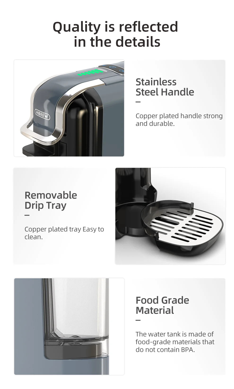 HiBREW 5 in 1 Multiple Capsule Coffee Machine Hot/Cold DG Cappuccino Nes Capsule ESE Pod Ground Coffee Cafeteria 20Bar H2B Grey