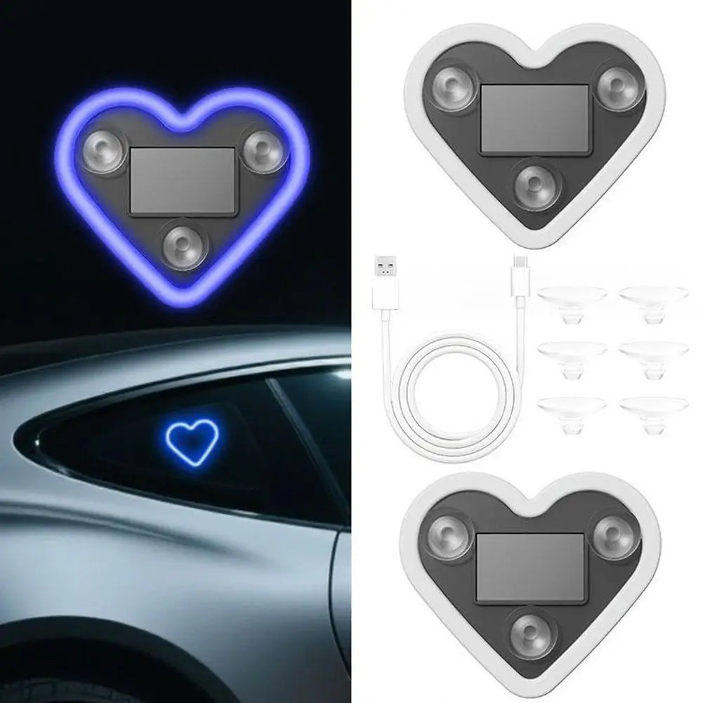 Car Triangle Window LED Solar Powered Heart-shaped Neon Light Rear Window Illuminated Interior Decoration Atmosphere Light