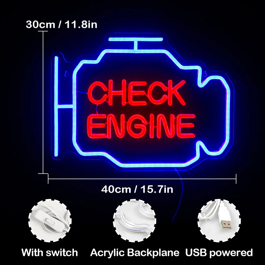Check Engine Neon Sign Led Light Auto Room Garage Repair Shop Wall Decor Bar Party Club Luminous Atmosphere Lamp USB Power