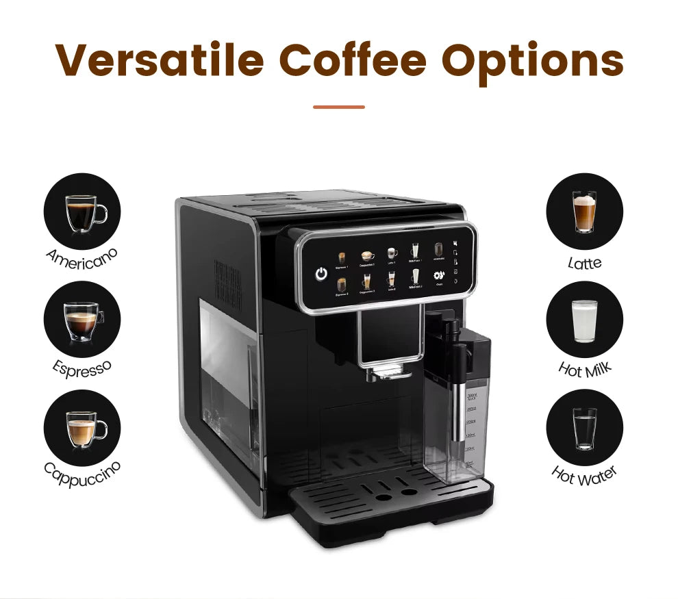 Mcilpoog CM7203 Automatic Espresso Machine ，Built-In Milk Frother & Tank, 7 Coffee Varieties, Touchscreen