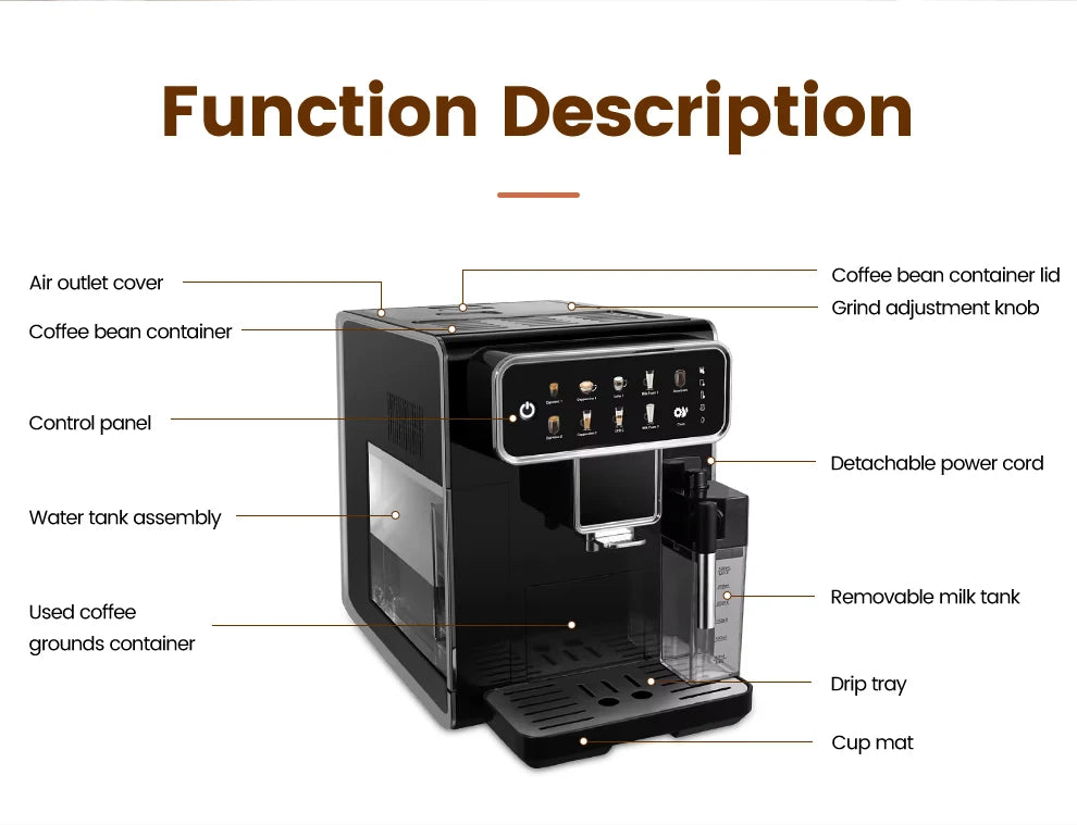 Mcilpoog CM7203 Automatic Espresso Machine ，Built-In Milk Frother & Tank, 7 Coffee Varieties, Touchscreen