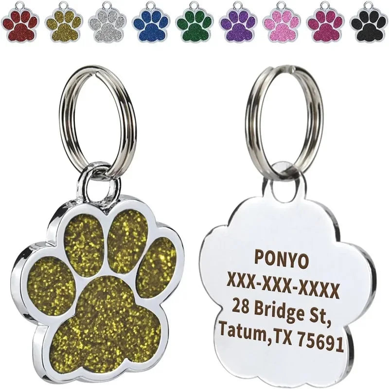 Free Personalized Dog Cat Plate Tags Engraved Puppy Pet ID Name Collar Tag Alloy Paw Glitter Pendant Pets Dogs Accessories