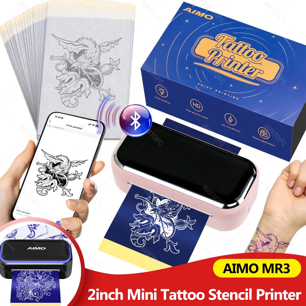 Mini Tattoo Stencil Printer AIMO MR3 80mm Wireless Thermal Tattoo Maker & 3inch Transfer Paper Fucos on Small Tattoo Pattern