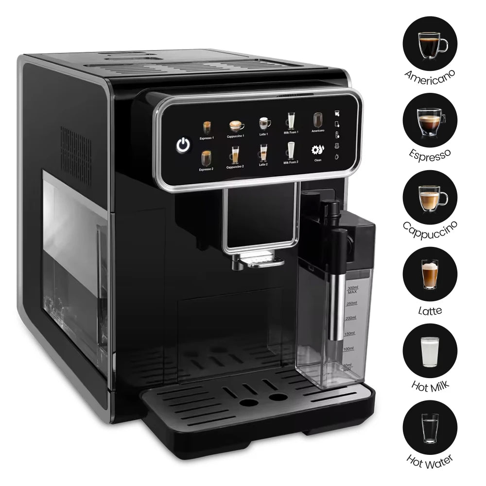 Mcilpoog CM7203 Automatic Espresso Machine ，Built-In Milk Frother & Tank, 7 Coffee Varieties, Touchscreen