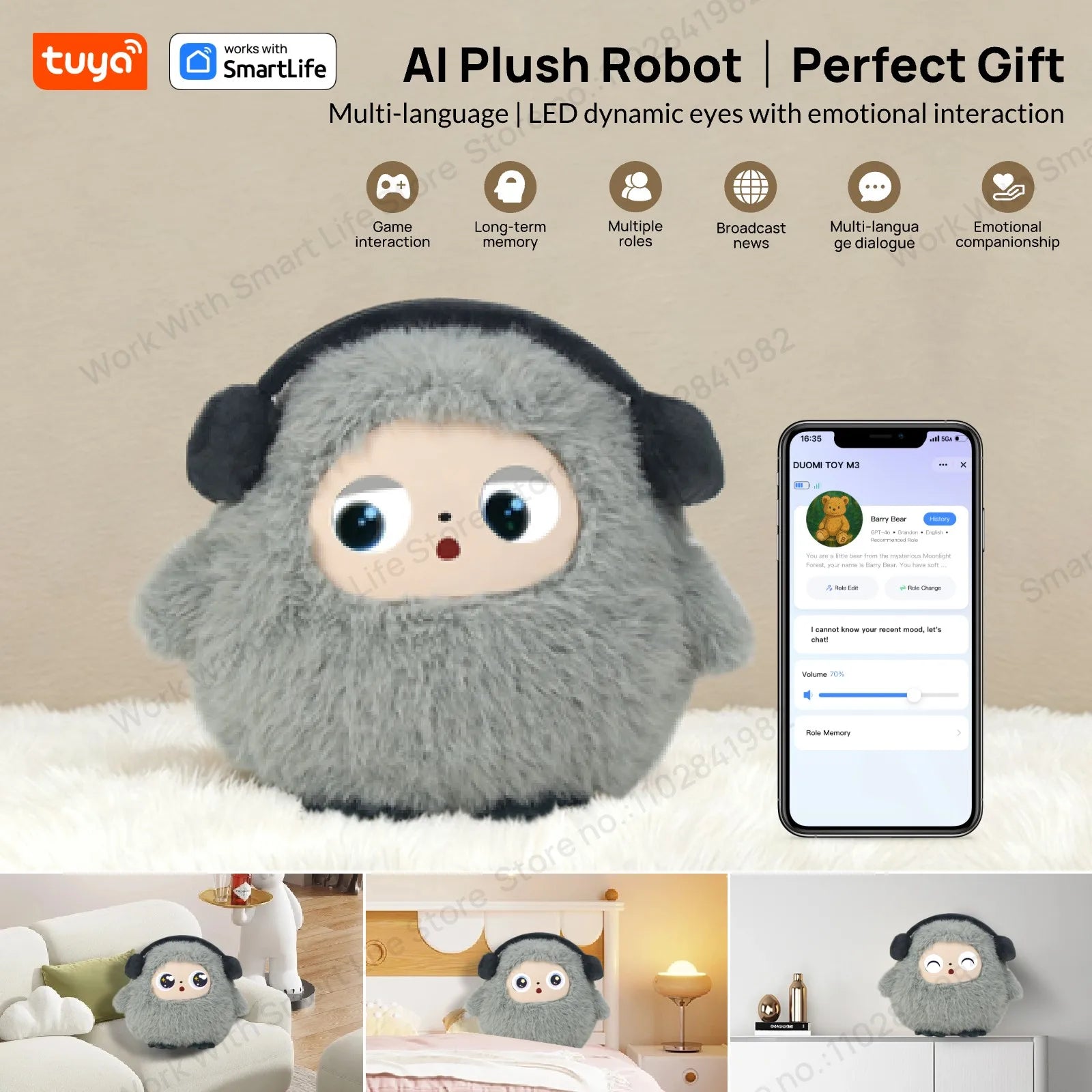 Cute Gray BOBO:AI Plush Robot Smart Interactive Toy w/LED Eyes&Voice Control,USB Rechargeable Companion for Kids Gifts/SmartHome