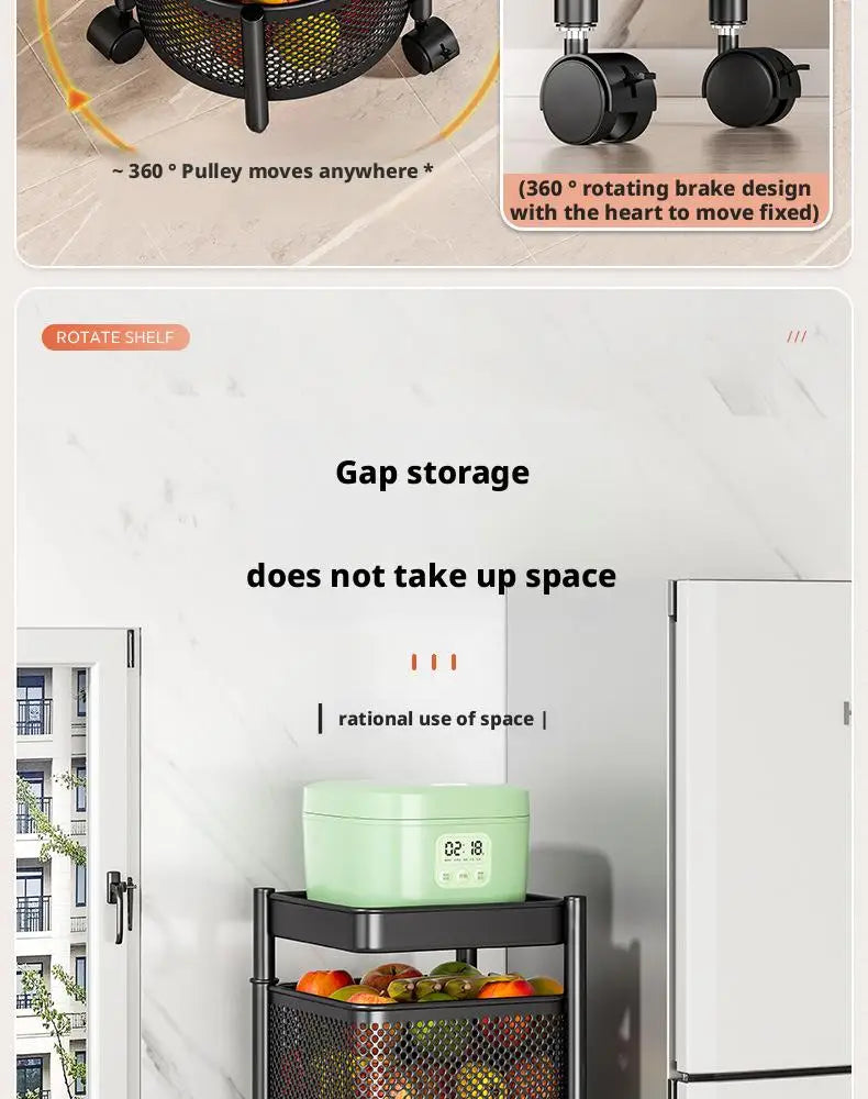 Square Rotating Storage Rack Kitchen Floor-To-Ceiling Multi-Layer Snacks Fruits And Vegetables Sundries Rolling Trolley Basket