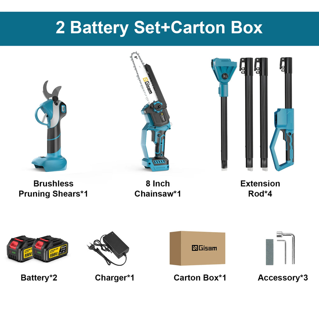 Gisam 4 in 1 Brushless High Branch Saw Chainsaw & Pruning Shears Garden Tool With Telescoping Pole For Makita 18v Battery Pin