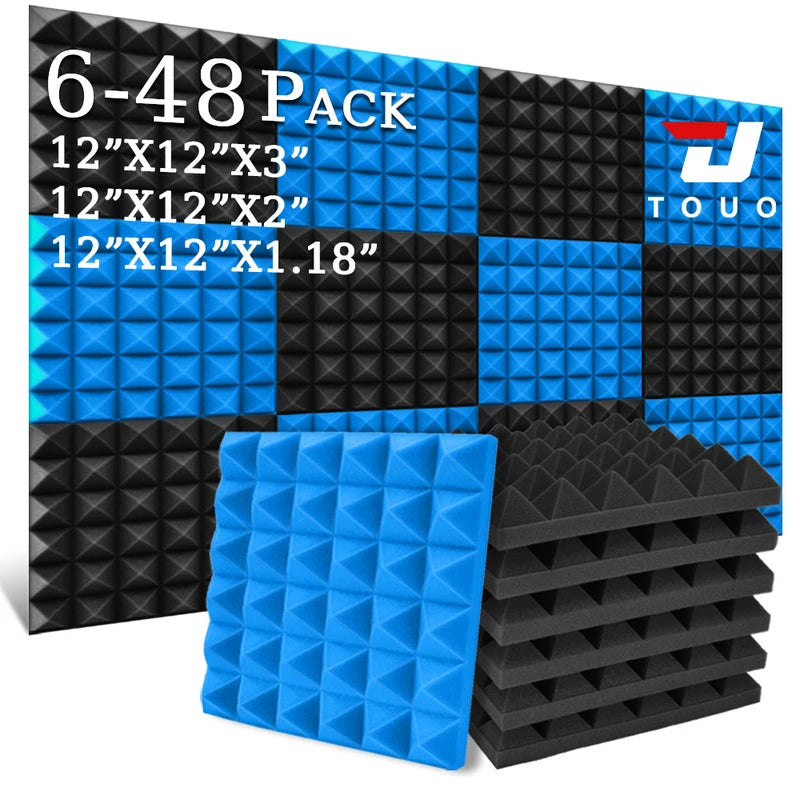TOUO Acoustic Foam 6-48 Pcs Pyramid Soundproofing Sponge Pad High Density Sound Absorbing Foams Drum Room Acoustic Treatment