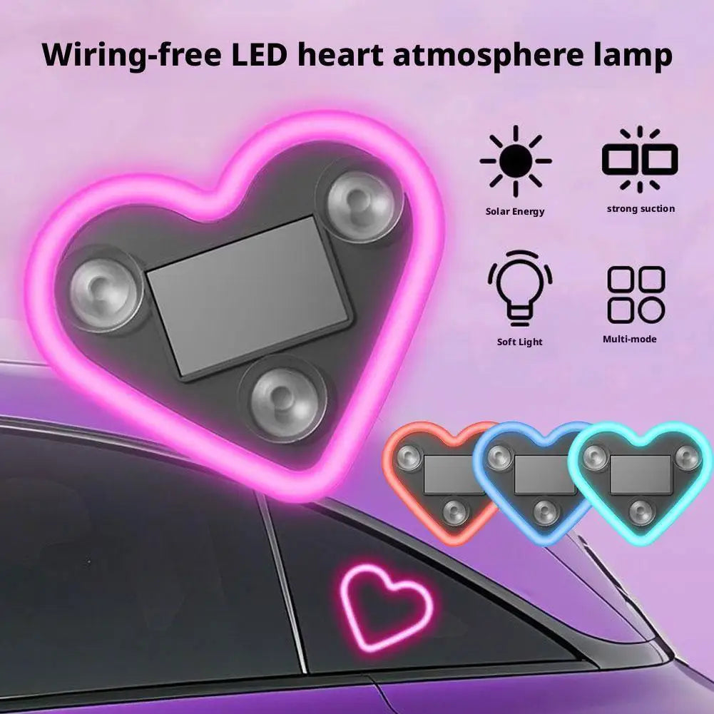 Car Triangle Window LED Solar Powered Heart-shaped Neon Light Rear Window Illuminated Interior Decoration Atmosphere Light