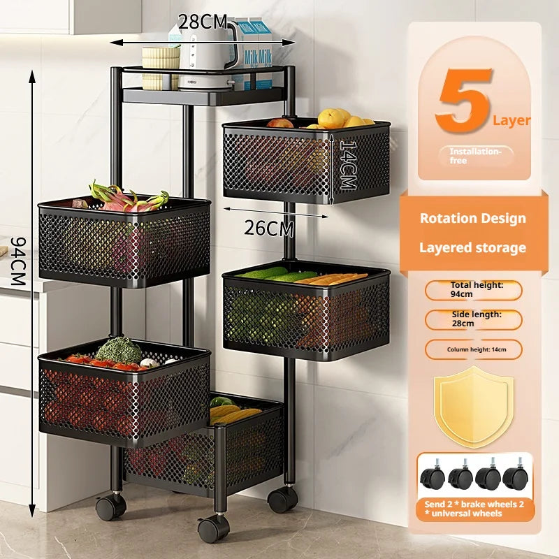 Square Rotating Storage Rack Kitchen Floor-To-Ceiling Multi-Layer Snacks Fruits And Vegetables Sundries Rolling Trolley Basket