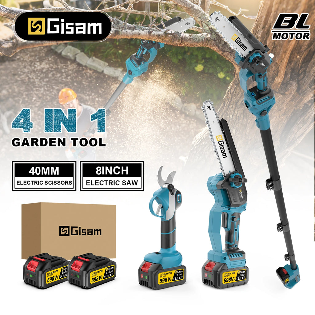Gisam 4 in 1 Brushless High Branch Saw Chainsaw & Pruning Shears Garden Tool With Telescoping Pole For Makita 18v Battery Pin