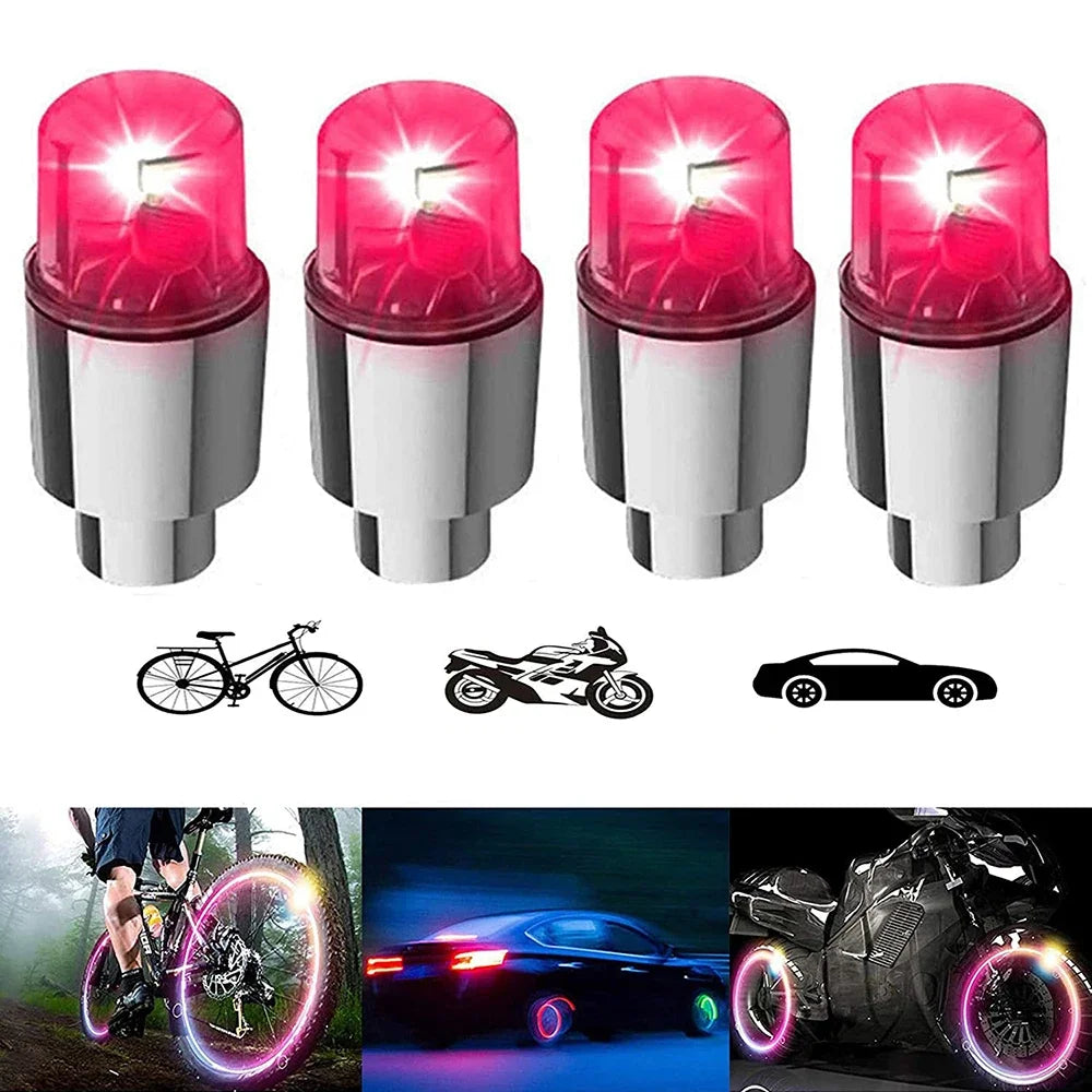 4Pcs LED Wheel Lights -Bike Tire Valve Stem Neon Light Bulb for Car Motorcycle Bicycle Tyre Dust Cap Waterproof Flash Stems Caps