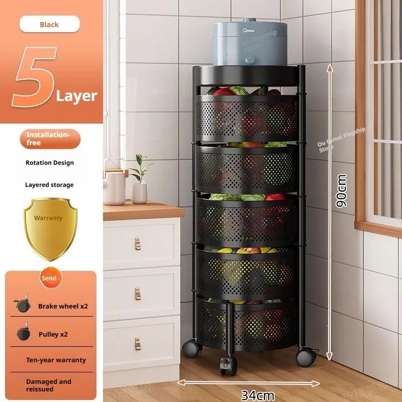 Square Rotating Storage Rack Kitchen Floor-To-Ceiling Multi-Layer Snacks Fruits And Vegetables Sundries Rolling Trolley Basket