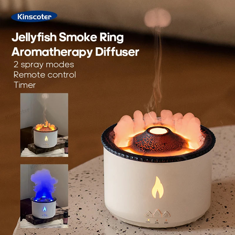 KINSCOTER Volcano Flame Aroma Diffuser Jellyfish Smoke Ring Air Humidifier 360ml Aromatherapy Essential Oil Diffuser Cool Gift