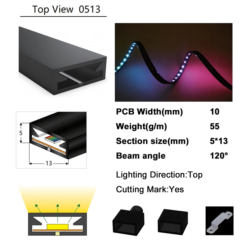 WS2811 WS2812B RGB LED Neon Strip Rope Light Tube Flex Black Silica Gel Soft Lamp For Room Outside Decoration Waterproof IP67