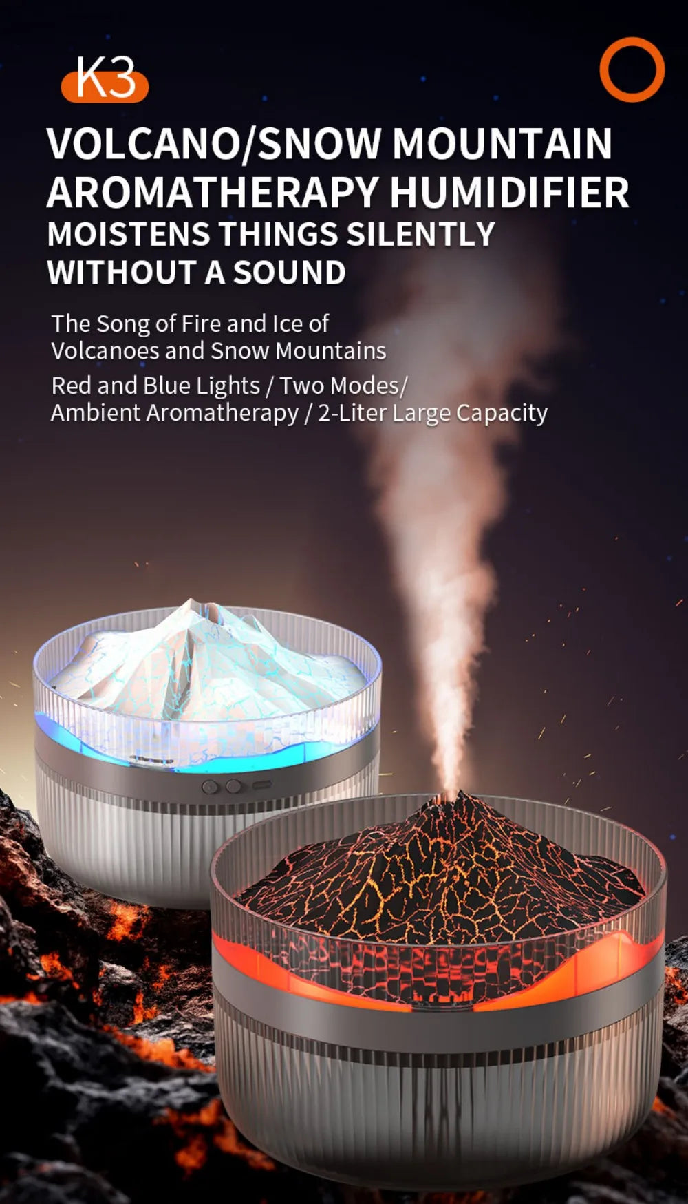Volcano Air Humidifier Snow Mountain Essential Oils Diffuser Large Capacity Water Tank USB Aroma Diffuser Colorful Night Lights
