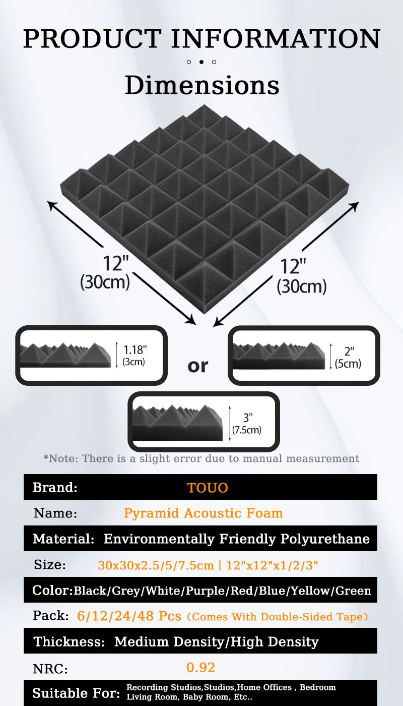 TOUO Acoustic Foam 6-48 Pcs Pyramid Soundproofing Sponge Pad High Density Sound Absorbing Foams Drum Room Acoustic Treatment