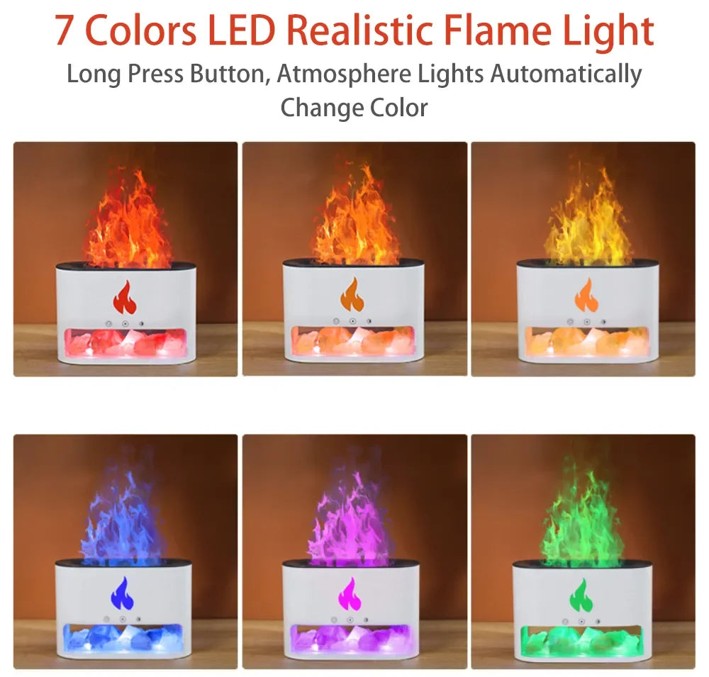 New Fireplace Humidifier Crystal Salt Rock Fire Lamp 7 Color Flame Aroma Volcano Air Humidifier Essential Oil Diffuser for Home