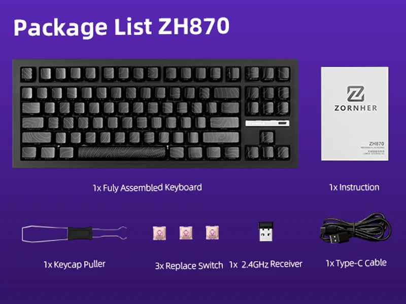 ZORNHER ZH870 Wireless Mechanical Keyboard 80% Black Custom Creamy Sound Keyboard Gaming  Lighted Up Black Topographic Keycap