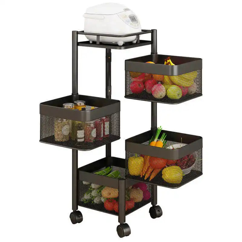 Square Rotating Storage Rack Kitchen Floor-To-Ceiling Multi-Layer Snacks Fruits And Vegetables Sundries Rolling Trolley Basket