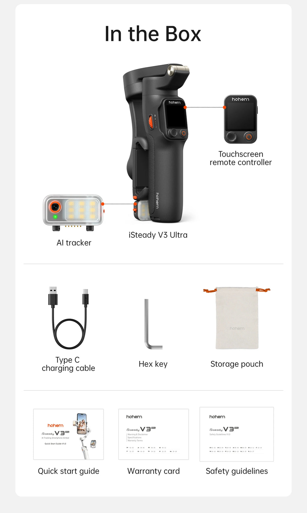 Hohem iSteady V3 Ultra Gimbal Stabilizer for iPhone with AI Auto Tracking Detachable Touchscreen Remote Phone Gimbal