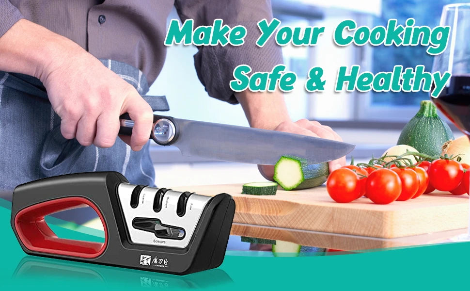 4-in-1 Kitchen Knife Sharpening Kit 3-Stage Sharpener Restores, Revives, and Polishes Blades + Repairs Scissors