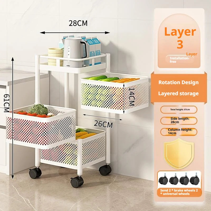 Square Rotating Storage Rack Kitchen Floor-To-Ceiling Multi-Layer Snacks Fruits And Vegetables Sundries Rolling Trolley Basket