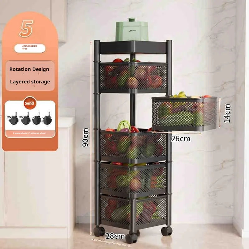 Square Rotating Storage Rack Kitchen Floor-To-Ceiling Multi-Layer Snacks Fruits And Vegetables Sundries Rolling Trolley Basket