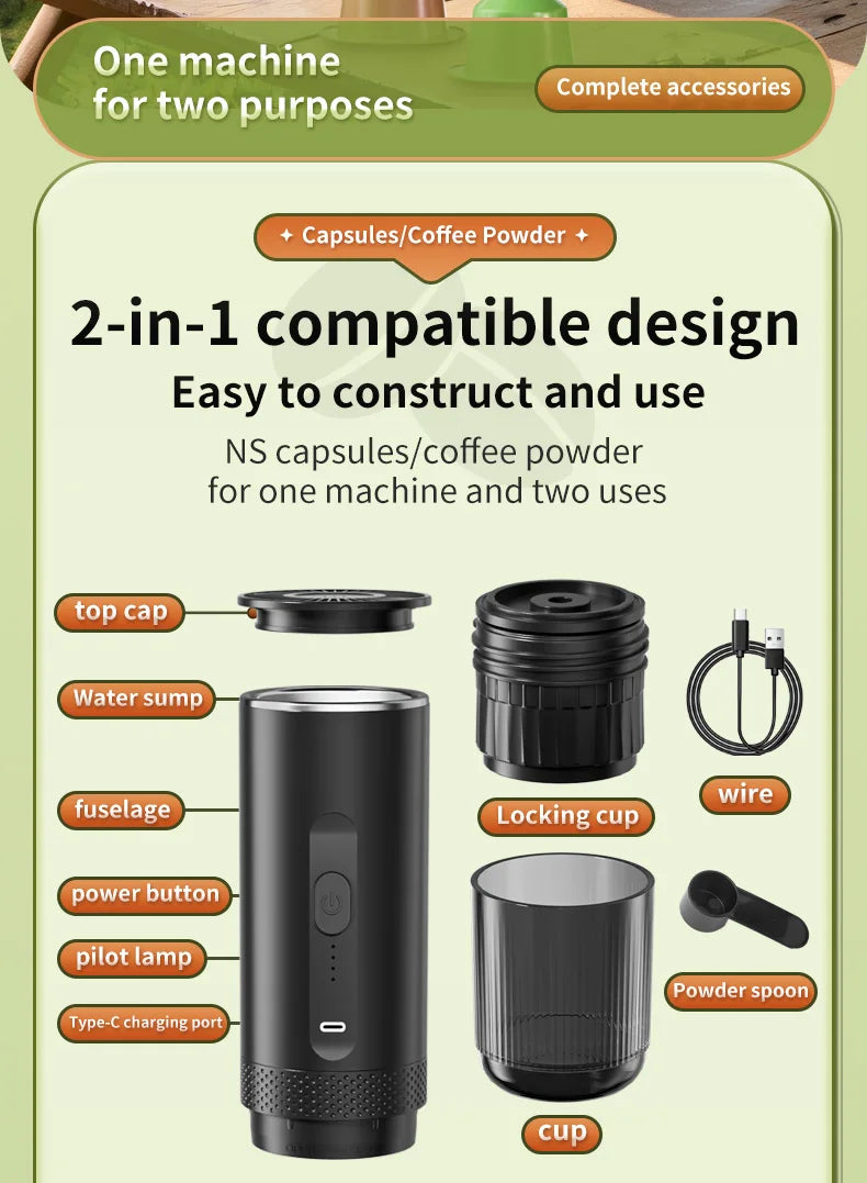 2-in-1 Wireless Electric Espresso Coffee Machine for Car & Home Camping Portable Coffee MakerCapsule Powder Travel Coffee Maker