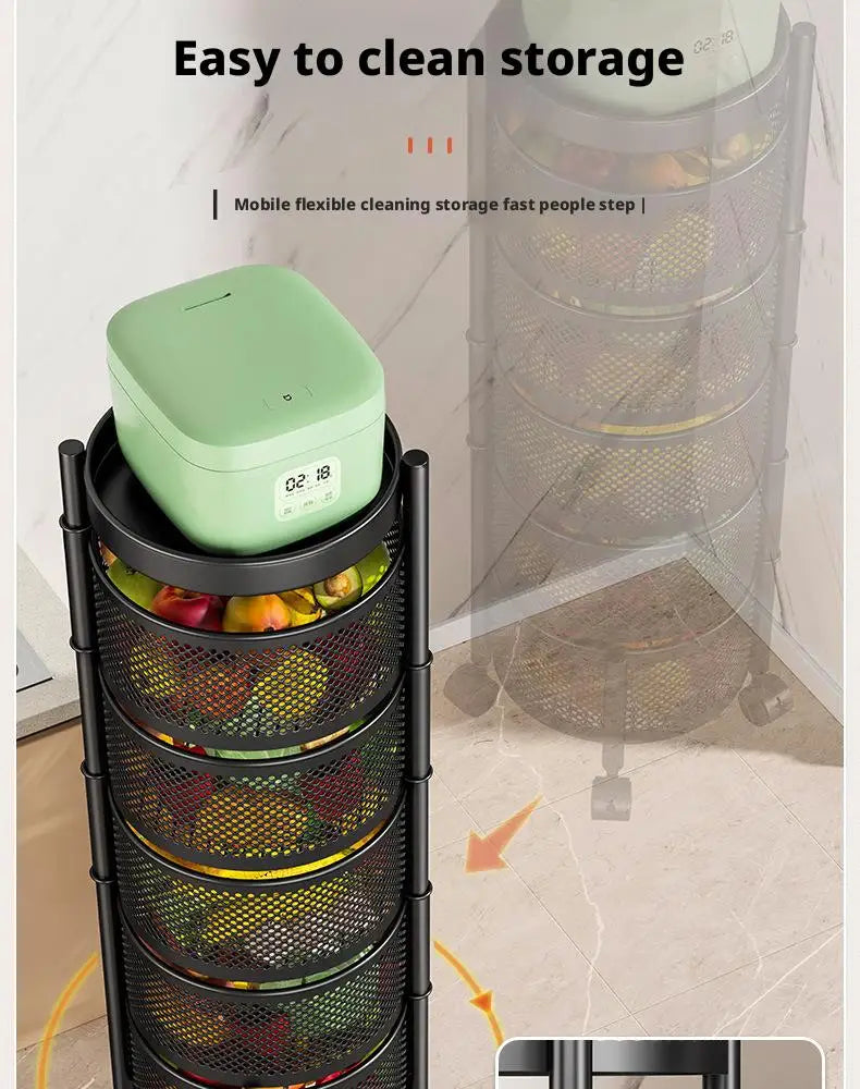 Square Rotating Storage Rack Kitchen Floor-To-Ceiling Multi-Layer Snacks Fruits And Vegetables Sundries Rolling Trolley Basket