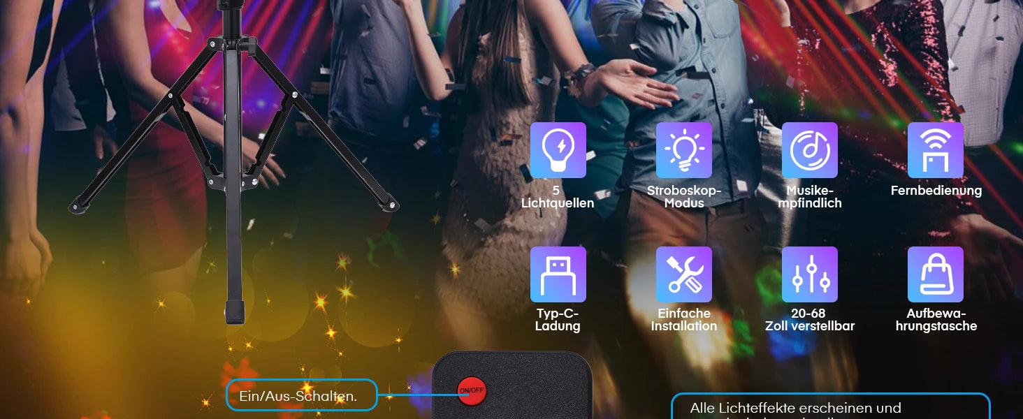 5-in-1 Disco Lights Led DJ Light with Tripod Stand, Kaleidoscope Ball/Red Green Pattern/Sound Activated/Star Light/Strobe Effect