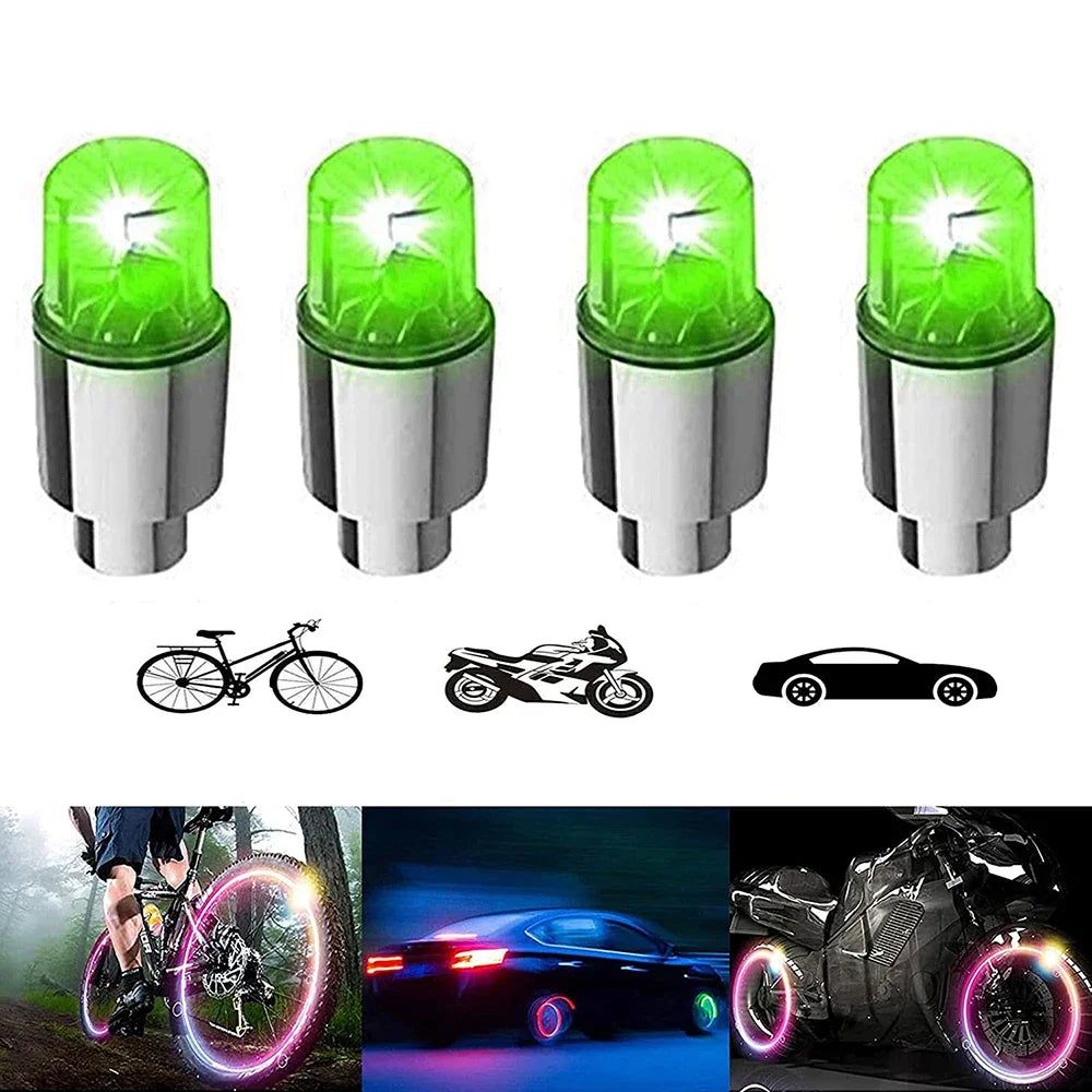 4Pcs LED Wheel Lights -Bike Tire Valve Stem Neon Light Bulb for Car Motorcycle Bicycle Tyre Dust Cap Waterproof Flash Stems Caps