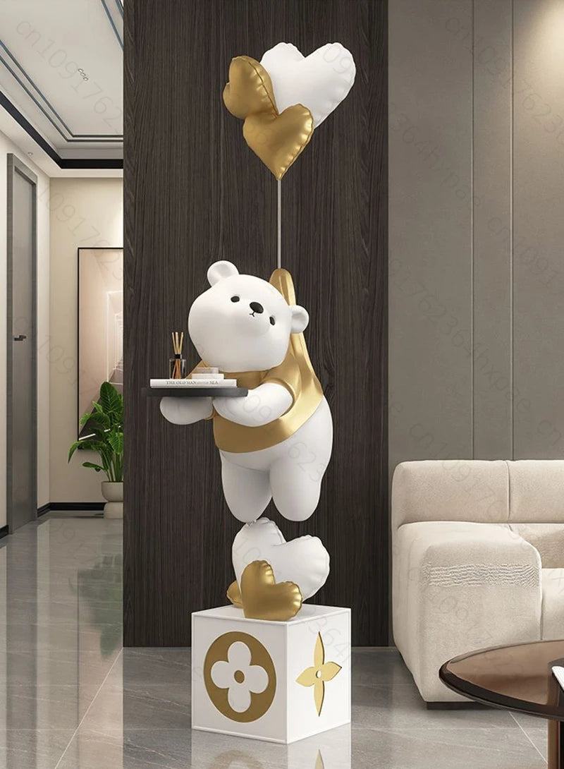 Large Floor Art Statue Home Decor Standing Ornaments Bear Sculpture with Tray Cartoon Bear Figurine for Living Room Stylish