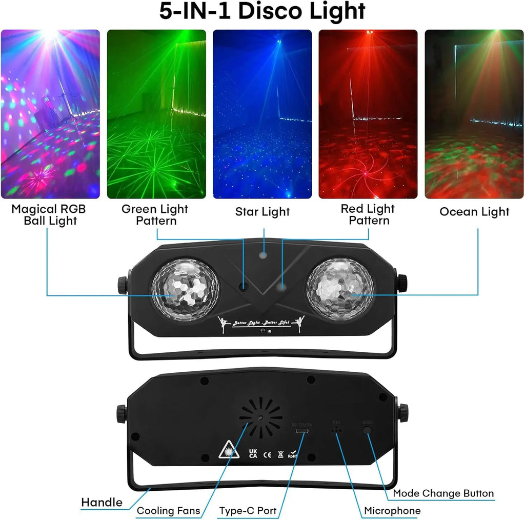 5-in-1 Disco Lights Led DJ Light with Tripod Stand, Kaleidoscope Ball/Red Green Pattern/Sound Activated/Star Light/Strobe Effect