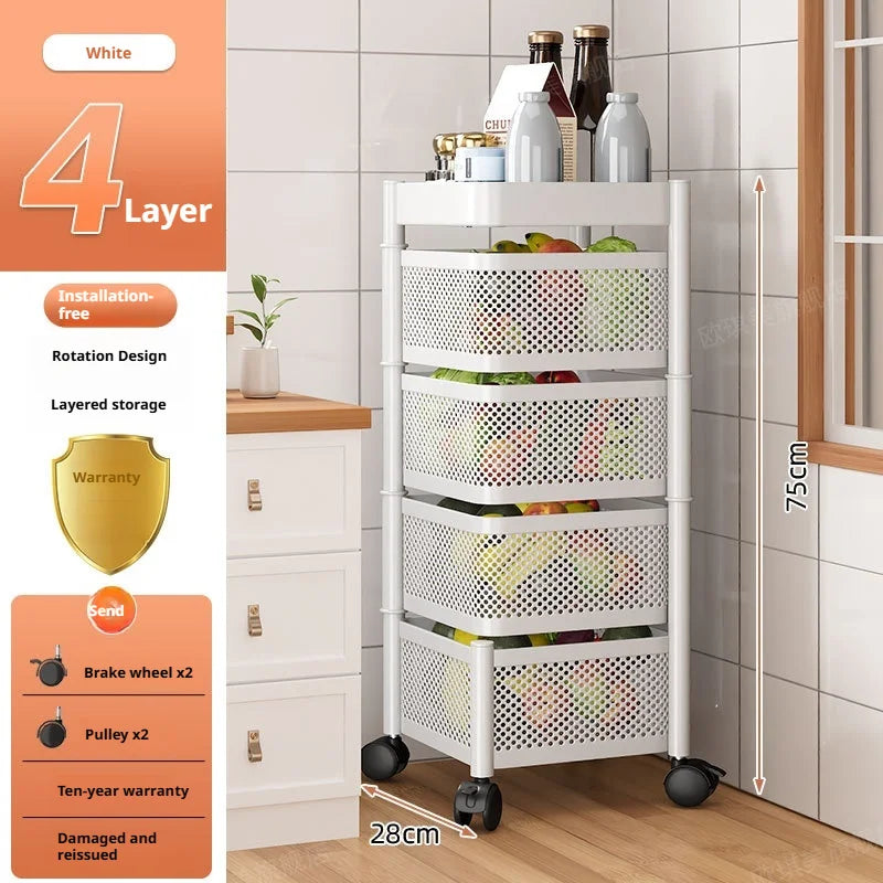 Square Rotating Storage Rack Kitchen Floor-To-Ceiling Multi-Layer Snacks Fruits And Vegetables Sundries Rolling Trolley Basket