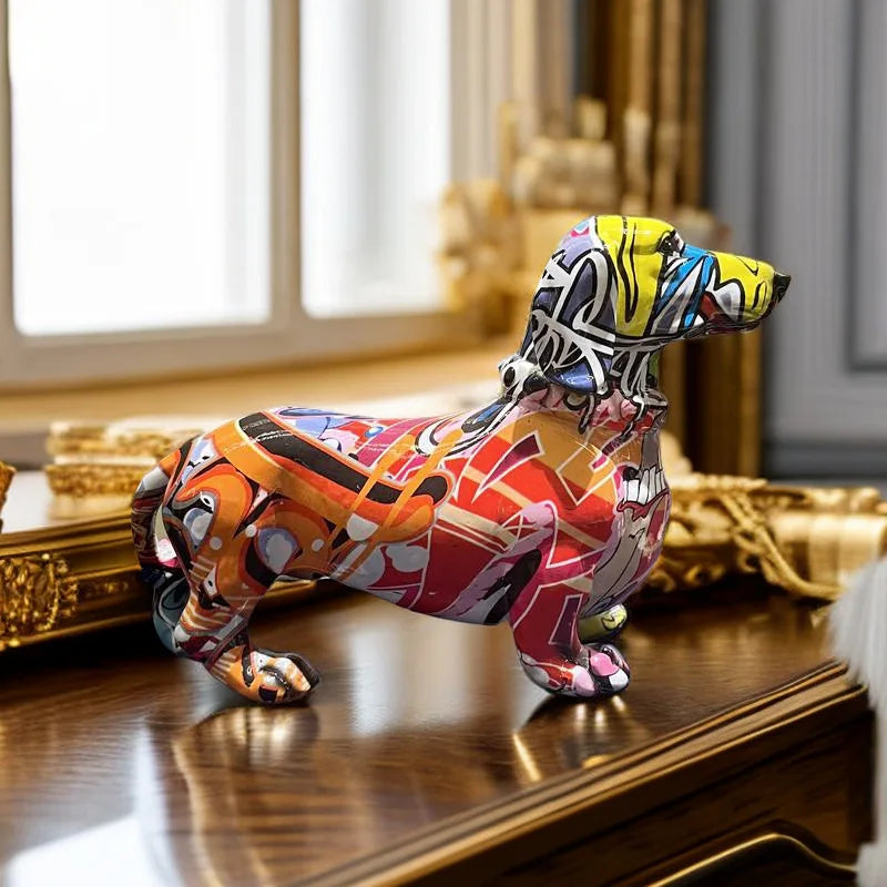 Graffiti Dachshund Figurine Colorful Dog Statue Home Table Decoration Resin Bulldog Sculpture Animal Dogs Ornament for Room Desk