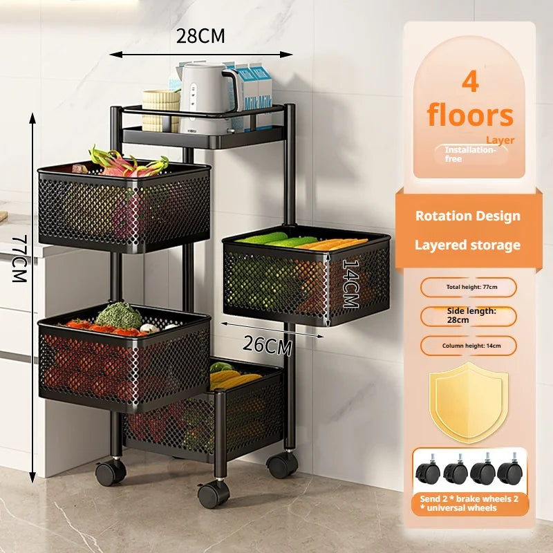 Square Rotating Storage Rack Kitchen Floor-To-Ceiling Multi-Layer Snacks Fruits And Vegetables Sundries Rolling Trolley Basket