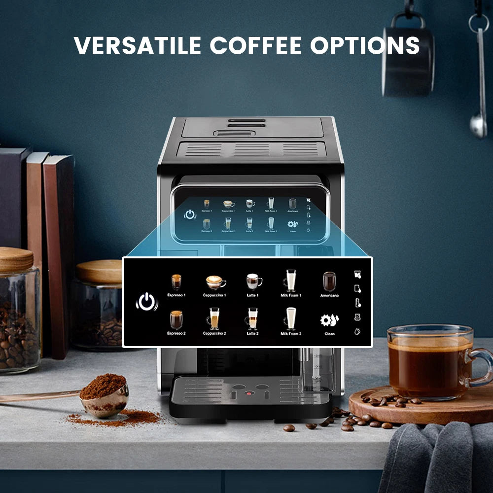 Mcilpoog CM7203 Automatic Espresso Machine ，Built-In Milk Frother & Tank, 7 Coffee Varieties, Touchscreen