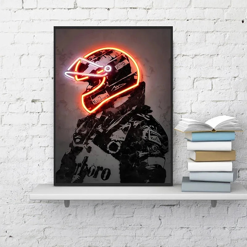 Retro Fashion Neon Light Effect Motorcycle Helmet Poster Print Canvas Painting Graffiti Art Wall Picture for Bar Room Home Decor
