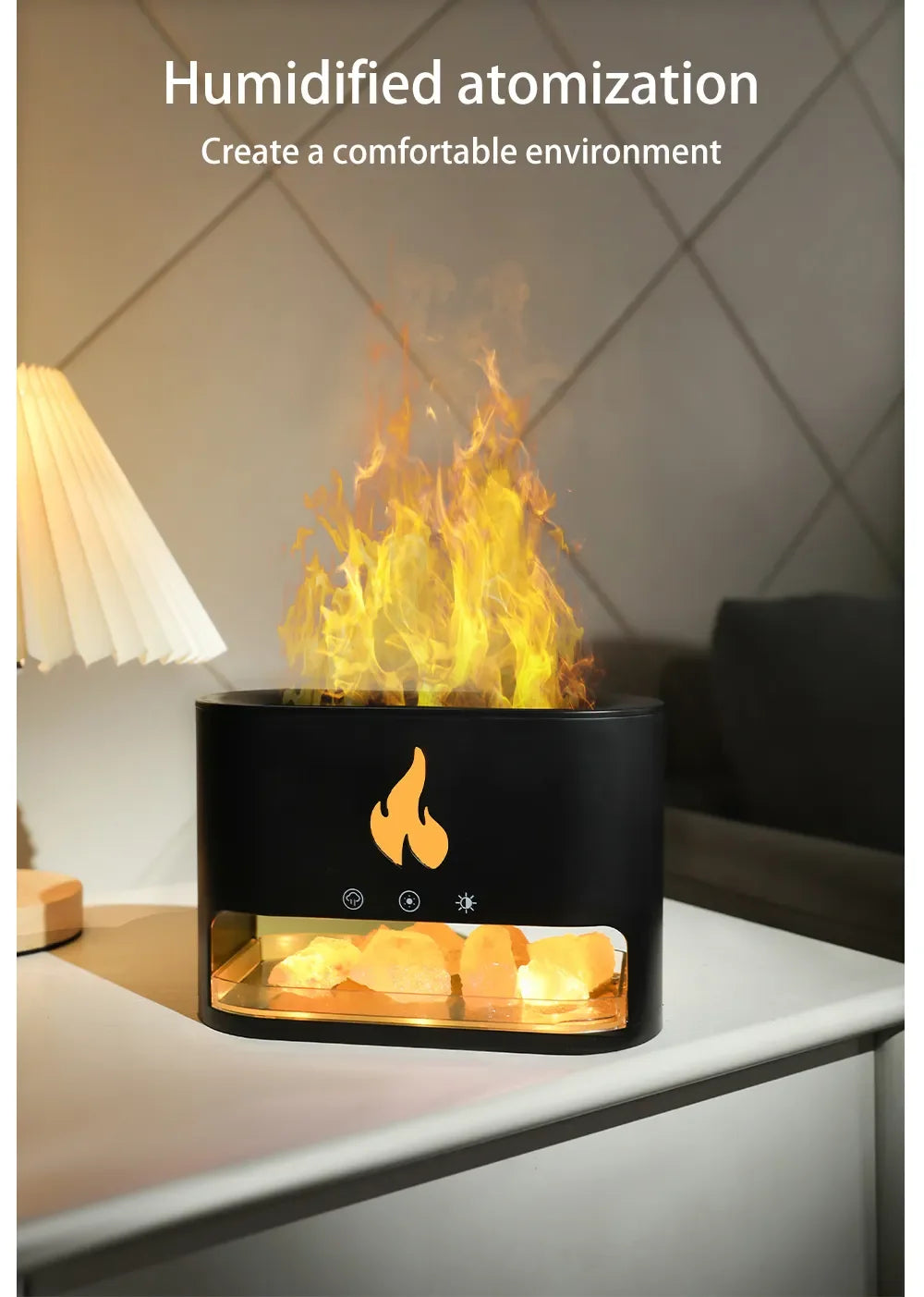 New Fireplace Humidifier Crystal Salt Rock Fire Lamp 7 Color Flame Aroma Volcano Air Humidifier Essential Oil Diffuser for Home