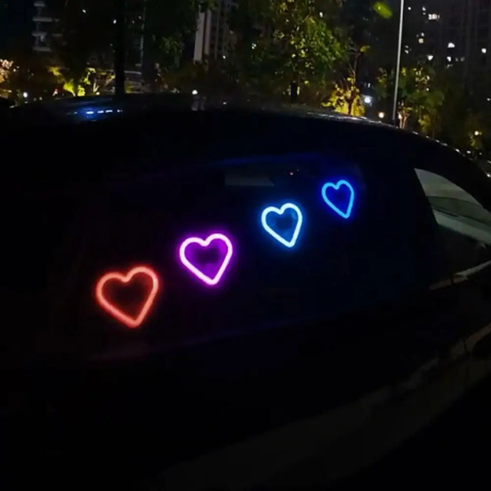 Car Triangle Window LED Solar Powered Heart-shaped Neon Light Rear Window Illuminated Interior Decoration Atmosphere Light