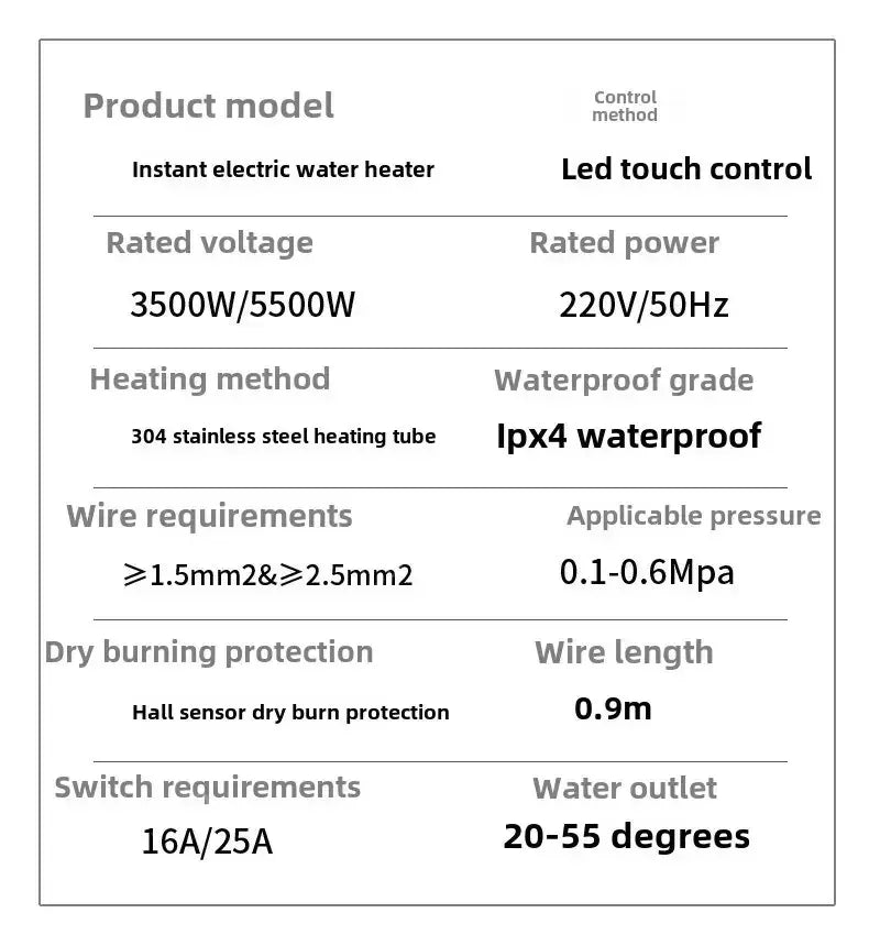 Instant Water Heater 220V 3000W-5500W Portable Electric Heaters for Bathroom Hot Water Shower and Home Kitchen Heating