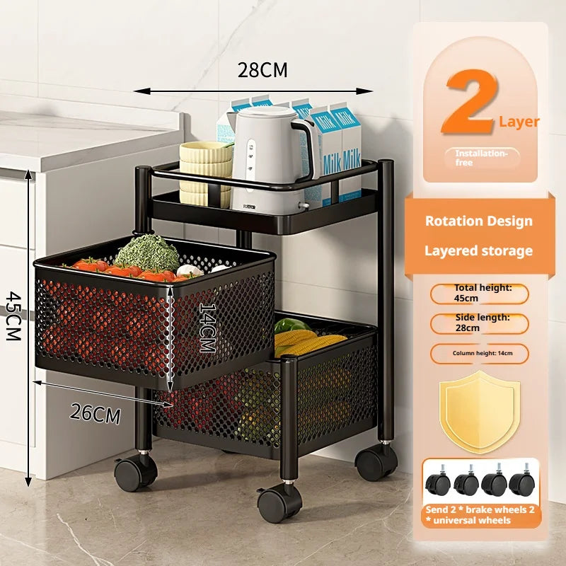 Square Rotating Storage Rack Kitchen Floor-To-Ceiling Multi-Layer Snacks Fruits And Vegetables Sundries Rolling Trolley Basket