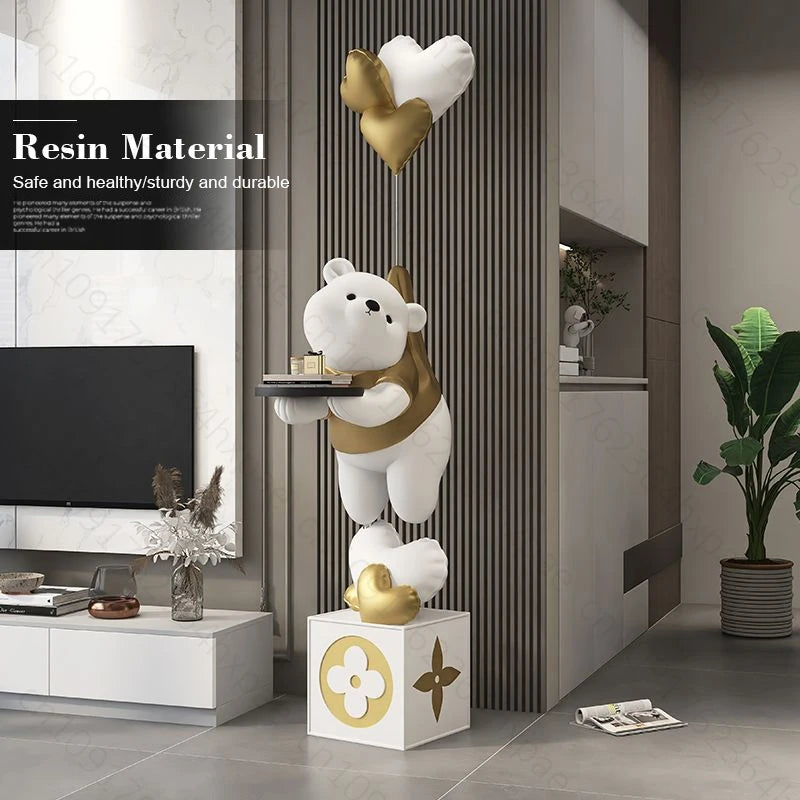 Large Floor Art Statue Home Decor Standing Ornaments Bear Sculpture with Tray Cartoon Bear Figurine for Living Room Stylish